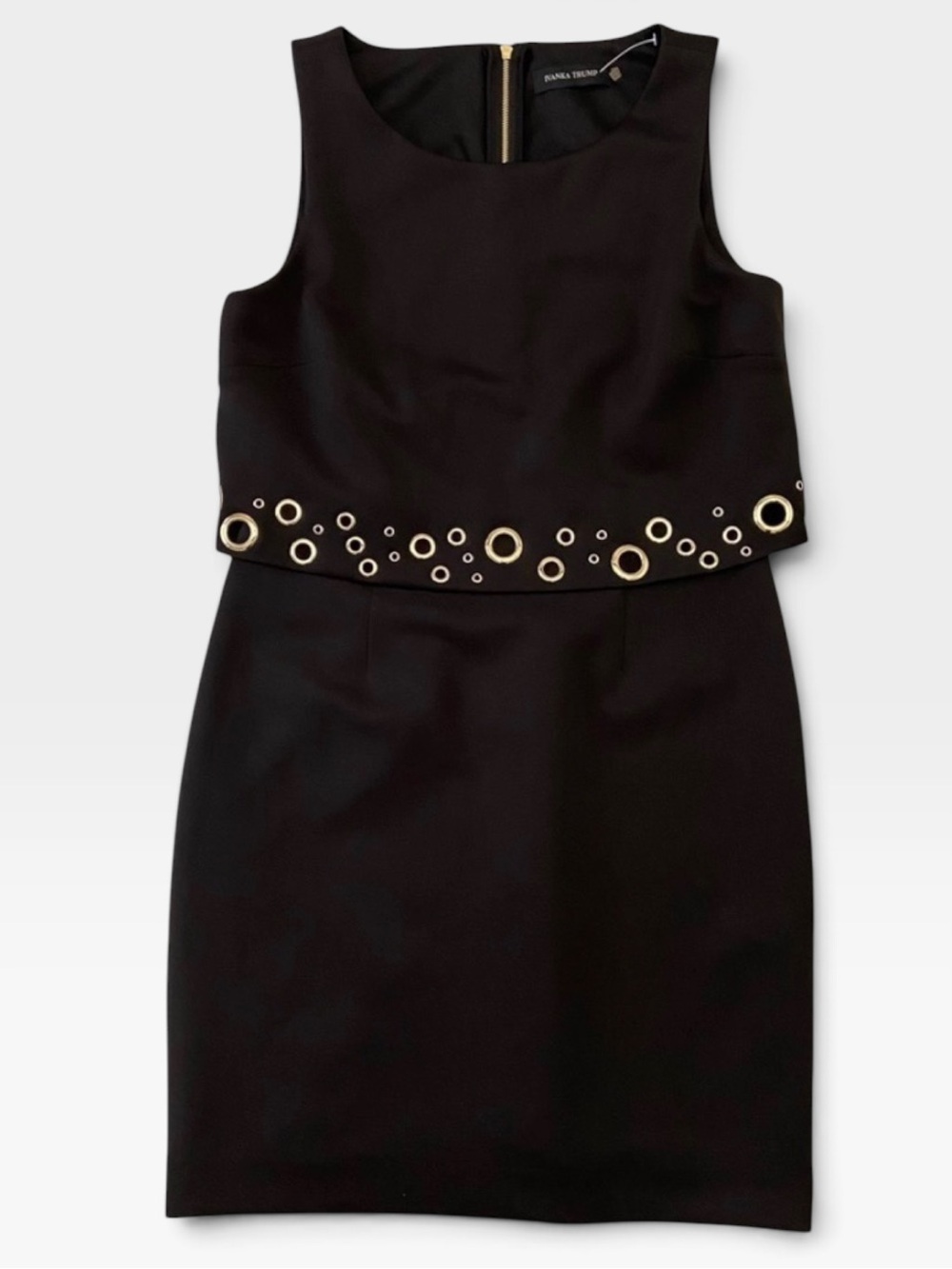 Ivanka Trump black and gold sheath dress silky jersey gold hardware sleeveless 8